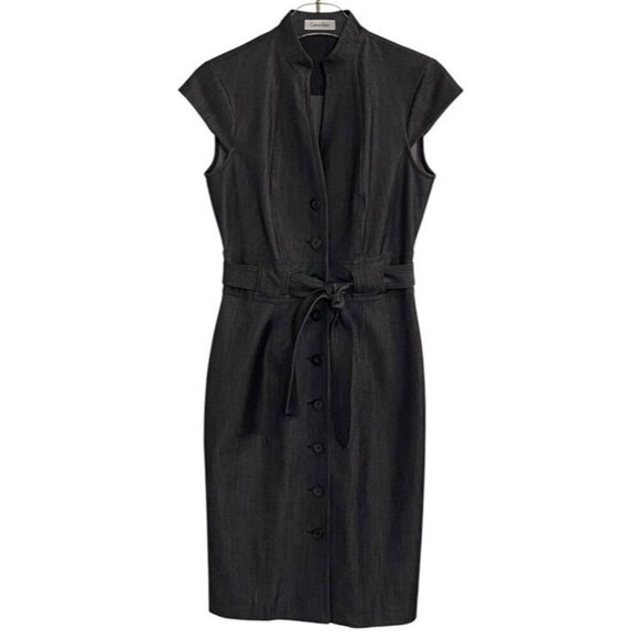 Calvin Klein Button-Up Cap Sleeve Belted Sheath Dress Size 4 Black - Picture 1 of 8